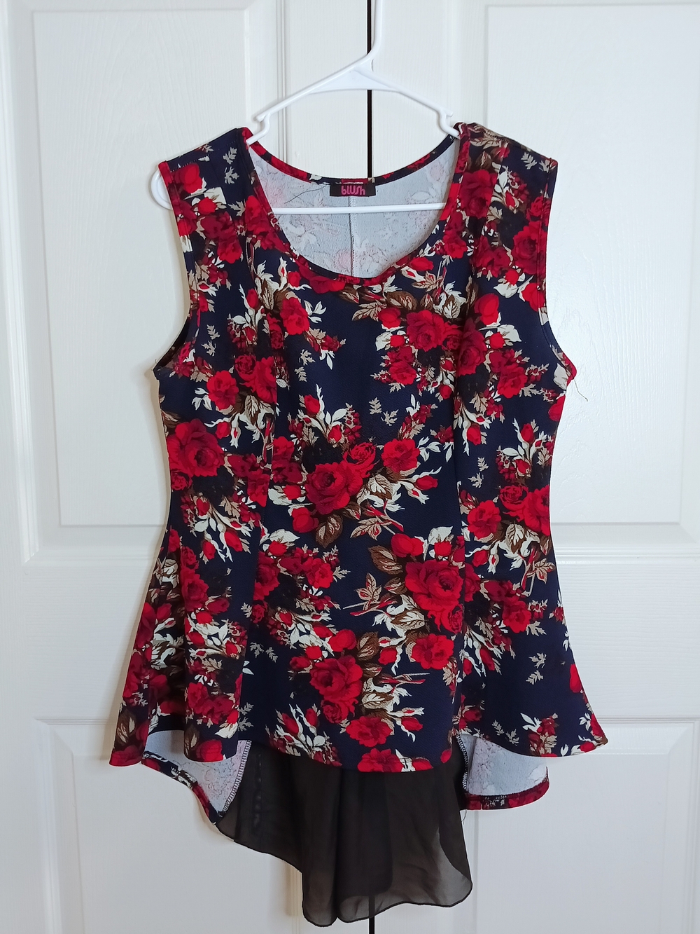 Blush Navy Floral Sleeveless High-Low Top with Red Rose Print